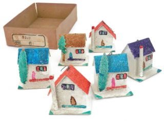 Antique Christmas Ornaments Set 6 Putz Mica Cardboard Houses W/box From Japan