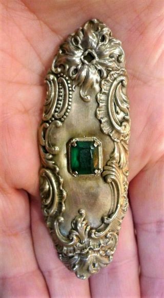 Antique Victorian Repousse Sash Pin Brooch With Green Glass Stone - Sterling?