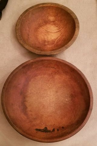 2 Antique Folk Art Country Primitive Turned Wooden Dough Bowls Carved Farmhouse