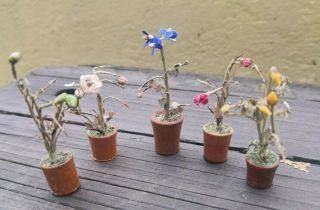 Old Vintage Rare German?? Doll House Set Of 5 Wood Pots With Flowers