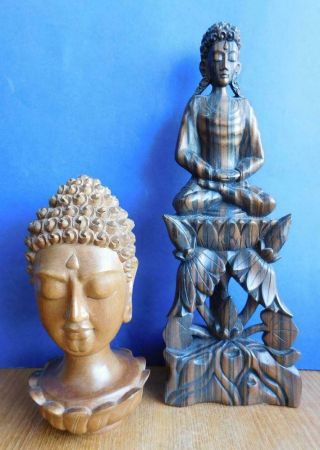 Auc1 2 Vintage Balinese Hand Carved Wooden Statues Buddha Head & Meditation