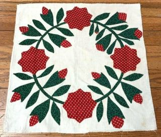 Early C 1850s Album Applique Floral Wreath Quilt Block Red Green