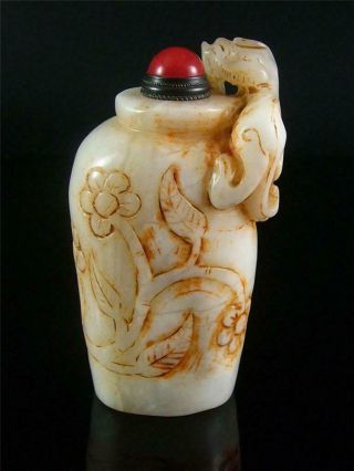 Antique Old Chinese Celadon Nephrite Jade Carved Snuff Bottle Dragon & Flowers