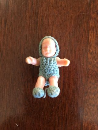 1 " Vintage Miniature Baby In Hand - Crocheted Outfit