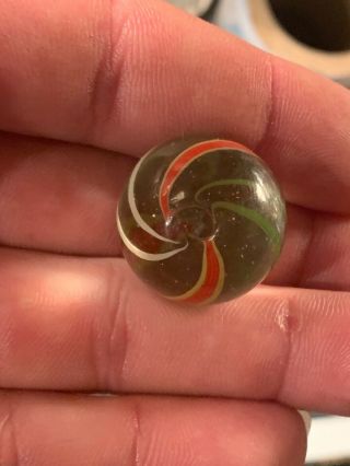 Rare Vintage German Clear Glass Banded Marble 7/8” Green White Orange Swirl