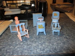 Renwal Blue Nursery W/ Baby,  Vintage Plastic Dollhouse Furniture Ideal 1:16