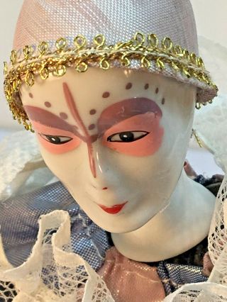 11” Clown Doll Silver/pink Porcelain Head,  Hands & Feet Turban Ruffled Collar