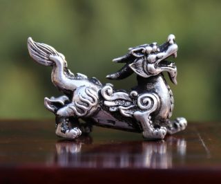 5 Cm Tibet Silver Handwork Chinese Fengshui Animal Foo Dog Lion Dragon Statue 3