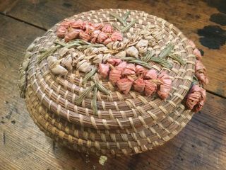 Antique Vintage Hand Woven Pine Needle Covered Basket With Pink Flowers