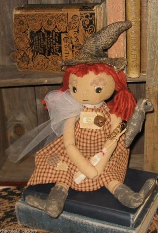 Fabric Witch Doll W/black Hat/crow/broom Bell Primitive Halloween Fall Decor