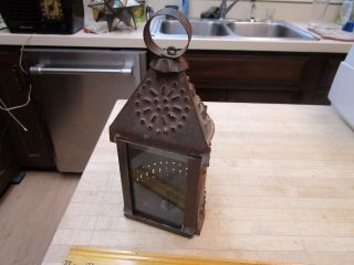 Punched Pierced Tin Steel Candle Lantern Primitive Hand Made Glass Window