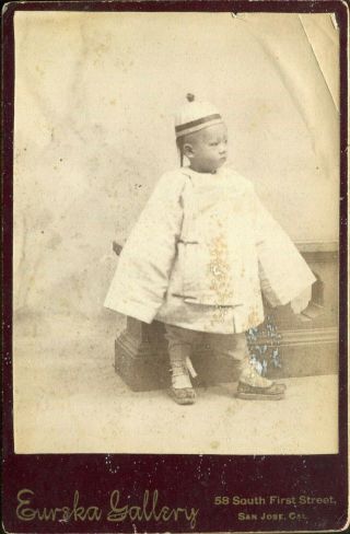 Antique Photographs On Card Of Asian Toddler In Large Jacket San Jose California