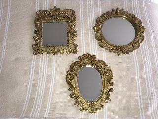 3 Piece Brushed Gold Antique Looking Hanging Small Mirror Set - Euc
