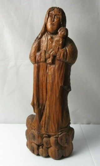Antique Wood Carved Virgin Mary Statue Austria 1900 Catholic Gothic Décor