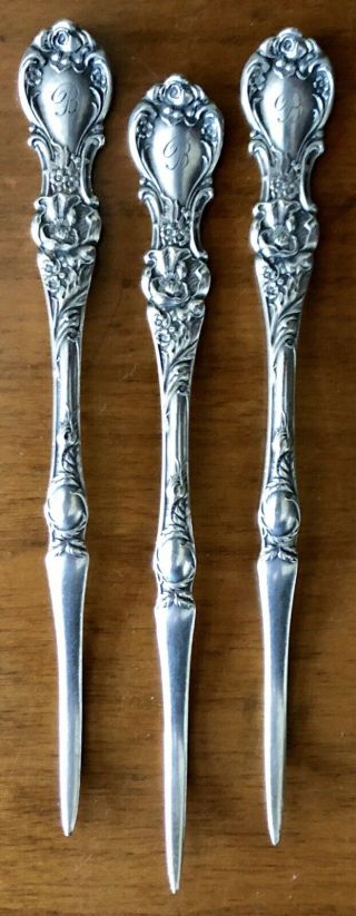 Rare Antique 1902 Floral 1835 R Wallace Silver Plate Nut Oyster Pick X3 Set Of 3