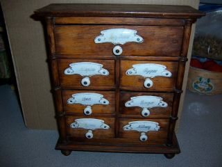 Antique Primitive Wooden Spice Cabinet Porcelain Knobs & Name Plates 7 Drawers