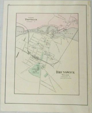 1890 Antique Map Of Brunswick,  Maine,  Bowdoin College,  Mills,  From Colby Atlas