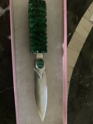 Antique Sterling Silver Letter Opener With Jade Handle.