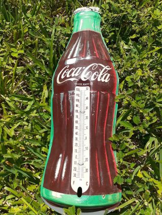 1956 Vintage Coca Cola Old Diecut Tin Bottle 17 In Thermometer Sign Antique Rare