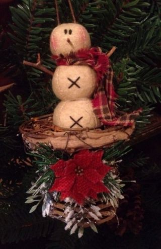 Primitive Christmas Honey And Me Mini Snowman Grapevine Wire Top Hat Ornament