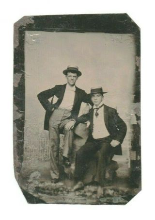 Antique Tintype Photo - 2 Young Men In Straw Boater Hats Gay Interest
