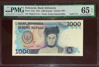 Indonesia Banknote,  1000 Rupiah 1987 Solid 1 Pmg 65 Epq Rare Item