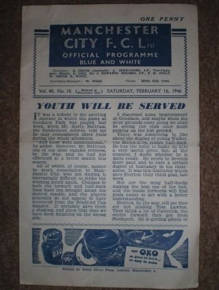 Manchester City V Everton 1945 1946 Rare War Time League Football Programme