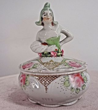 Antique Porcelain Trinket Jar Flapper Porcelain Half Doll " Handle "