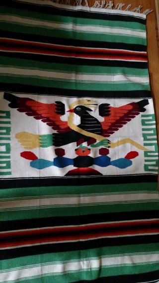 Vintage Authentic Antique Mexican Eagle Snake Saltillo Serape Blanket Rug 70x37