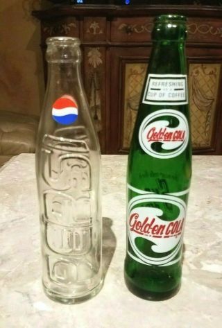 2 - Rare Straight Sided Pepsi Cola Embossed,  Sun - Drop Gold - En Cola Soda Bottles