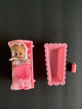 Vintage 1970s Miniature Baby Doll 1974 Mattel,  Taiwan Pink Cradle Dollhouse