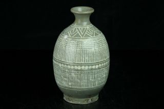 Oct024 Korean Goryeo Celadon Porcelain Bottle White Inlay Tokkuri