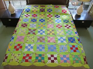 Vintage Feed Sack Hand Pieced Curved Nine Patch Quilt Top; 78 " X 70 " ; Good