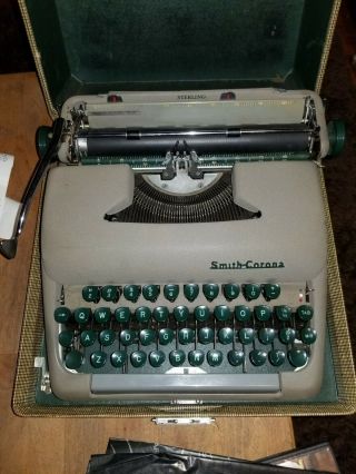 Vintage Antique Smith - Corona Sterling Typewriter Green Keys Case Portable