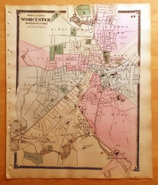 1870 Map City Of Worcester Ma Massachusetts Beers Antique