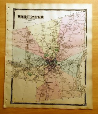 1870 Map Worcester Ma Massachusetts Beers Antique Hand - Colored