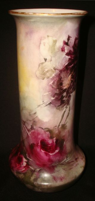 Vintage/antique Hand Painted Porcelain Red Rose Purple Floral 8 ¼” Flower Vase