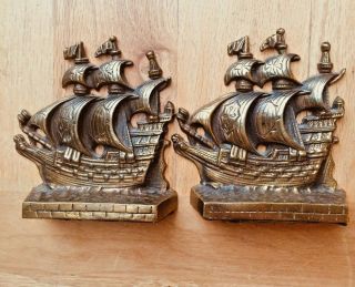 Solid Brass Antique Bookends A Galleon In The Time Of Elizabeth 1558 - 1603