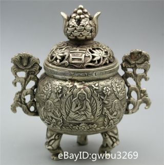 Chinese Tibet Silver Hand Carved Lucky And Wealthy Buddha Incense Burner