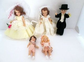 Vintage 5 Pc Wedding Set Nancy Ann Storybook Dolls Bride Groom Maid Flower Ring