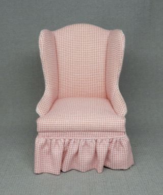 Vintage Anne Ruff Pink Gingham High Back Chair Artisan Dollhouse Miniature 1:12