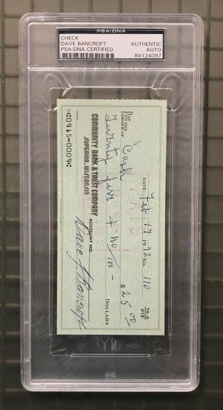 Dave Bancroft Rare Signed 1972 Check Psa/dna Auto Phillies Hof Deceased 1972