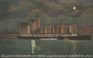 Antique Postcard,  Lusitania,  York Harbor At Night,  Cunard Ocean Liner,  Sunk 1915