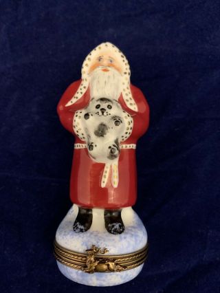 Rare Marque Deposee Limoges Santa With Bear Trinket Box