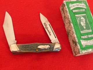 W R Case & Sons Classic In Rare Green Bone 62046 J Two Blade Bone Knife
