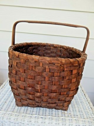 Antique Vintage Old Large Handmade Splint Basket With Carved Handle