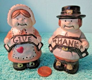Vintage Ceramic Pilgrim Thanksgiving Salt & Pepper Shakers,  Hand Painted,  Rare