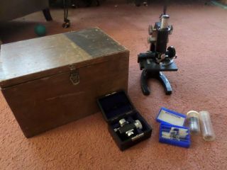 Bausch & Lomb 301928 Microscope With Wooden Box Extra Lenses & Slides