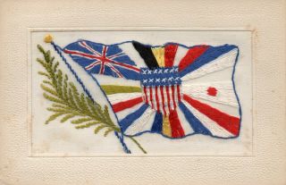 Rare: Large Flag Of The Allies: Ww1 Embroidered Silk Postcard