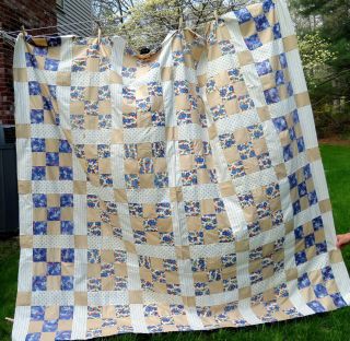 Vintage Quilt Top Handmade Hand Sewn 1930s Unfinished Quilt 80 " X 76 " 9 Block